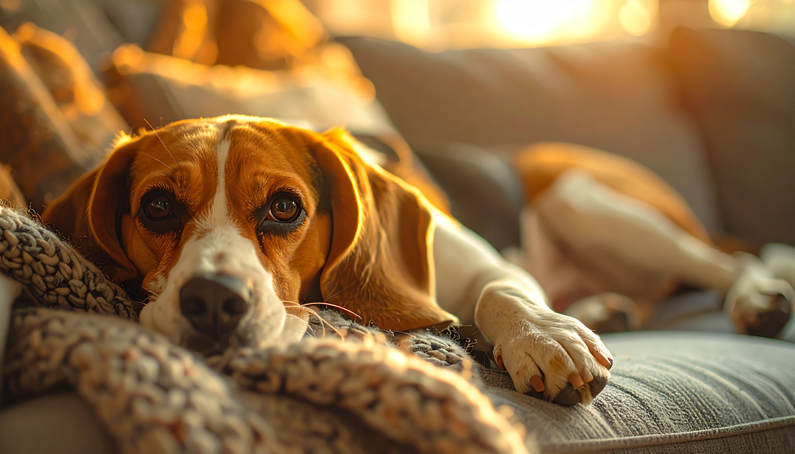 Um beagle repousa tranquilamente em um sofá iluminado pela luz dourada do pôr do sol, transmitindo conforto e serenidade em um ambiente doméstico acolhedor.